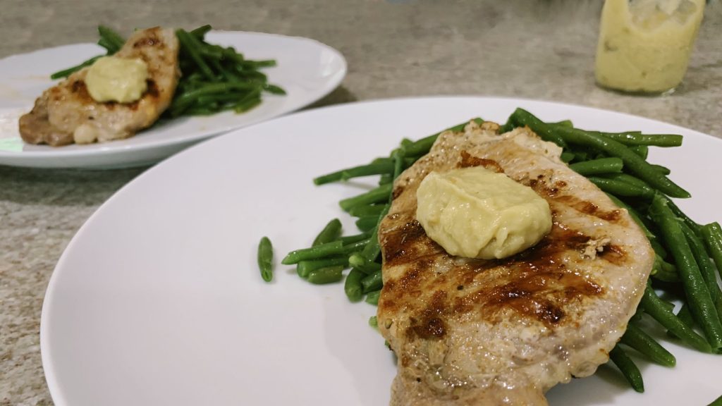 Grilled Pork Loin Chops with Roasted Garlic Spread